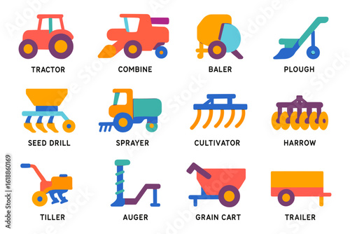 Colorful flat farm equipment icons set featuring tractors, plows, and more