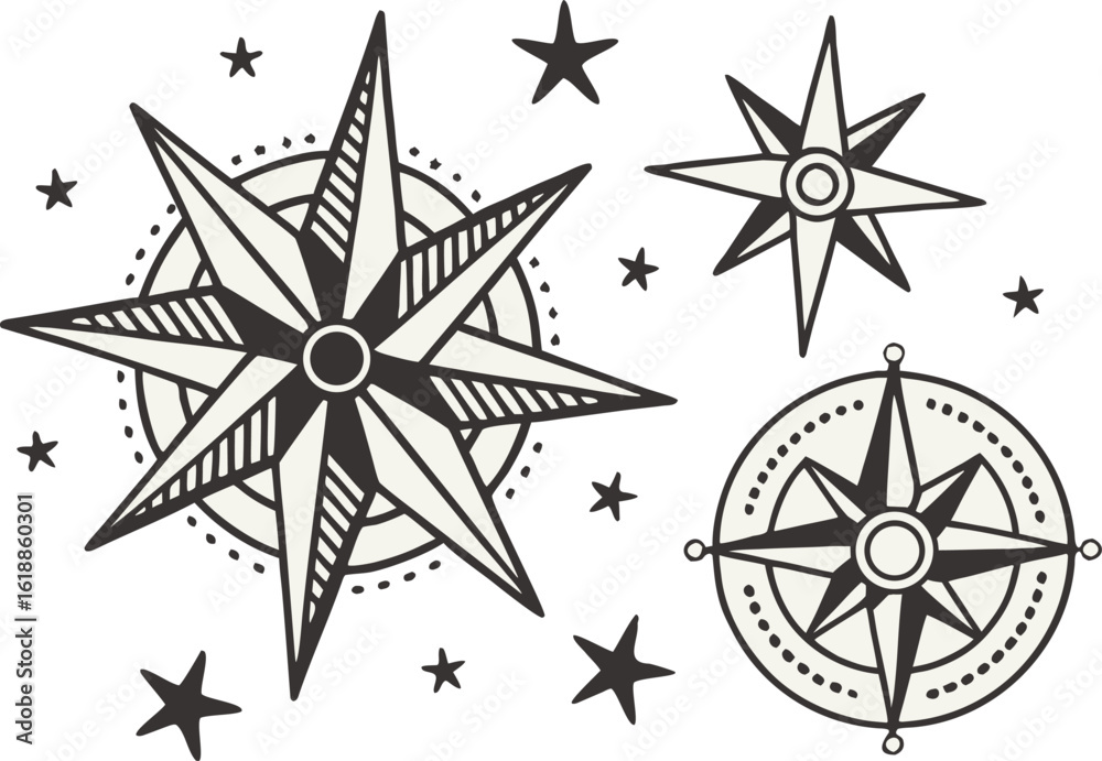 Fototapeta premium Nautical compass rose designs silhouette isolated on transparent background