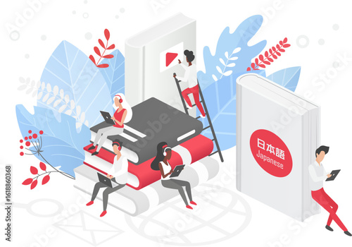 People studying Japanese language with books, digital devices, and educational resources, perfect for language school, online courses, or self-study themes vector illustration