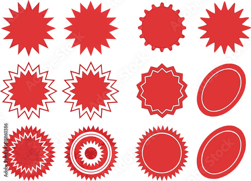 Collection of red starburst shapes silhouette isolated on transparent background