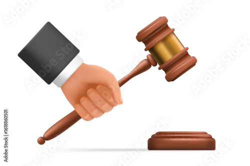 3d hand of judge with gavel vector illustration. Arm of lawyer in suit holding wooden hammer on auction or court hearing, symbol of legislation authority isolated on white. Justice, judgement concept
