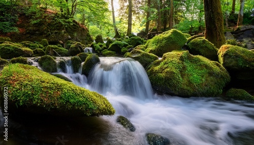 lush green forest landscape featuring tall pine trees on rolling hills with soft light