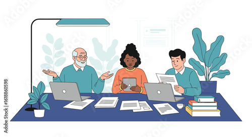 Diverse team collaborating on a business project in a modern office setting with laptops and plants