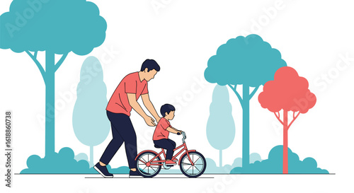 Father patiently teaches his young son how to ride a bicycle in a sunny park