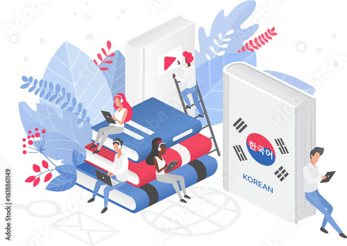 People learning Korean language isometric 3d vector illustration. Korea Distance education, online learning courses concept. Students reading books cartoon characters. Teaching foreign languages