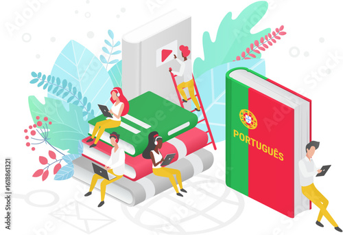 People learning Portuguese language isometric 3d illustration. Portugal Distance education, online learning courses concept. Students reading books cartoon characters. Teaching foreign languages.