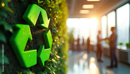A green recycle symbol on living wall in modern office background shows team meeting, eco-friendly company culture and waste management practices promoting sustainability concept