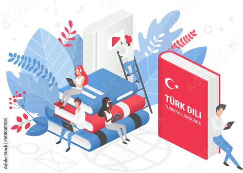 People studying Turkish language with books, digital devices, and educational resources, ideal for language education, online courses, and e-learning platforms vector illustration