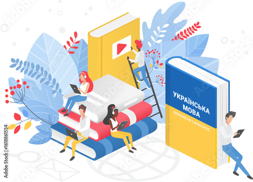 People studying Ukrainian language with books, digital devices, and online resources, perfect for education, e-learning, and language courses isolated on white background vector illustration