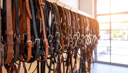 Horse bridles hanging in a shop