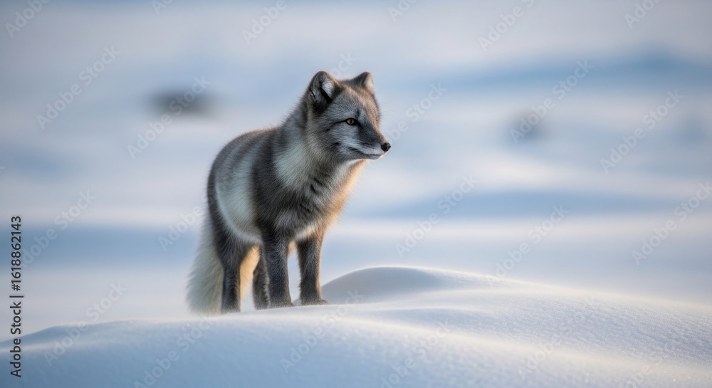 Fototapeta premium Arctic fox in snowy landscape, soft light