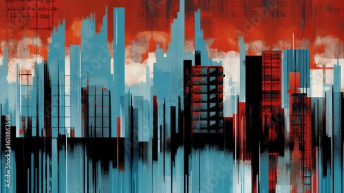 Abstract cityscape in hues of red, blue, and black, with a grunge texture. Vertical brushstrokes dominate