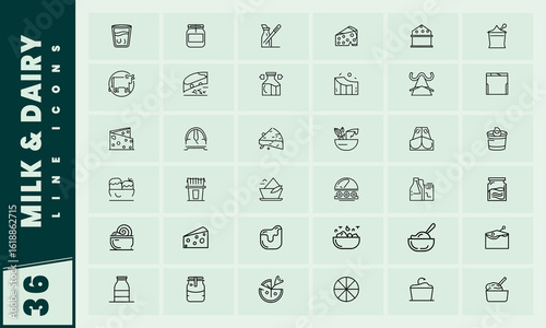 Collection of milk and dairy line icons for food and drink