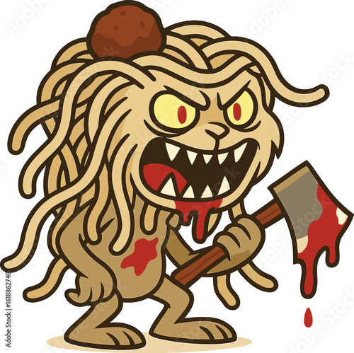 Spaghetti monster with blood axe, cartoon food creature, meatball head, yellow eyes, horror vector art, cad drawing flat vector illustration