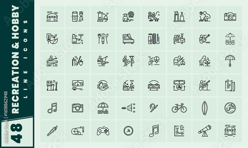A set of recreation and hobby line icons in color for various activities