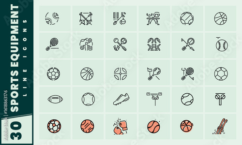 A set of sports equipment line icons for various games and activities