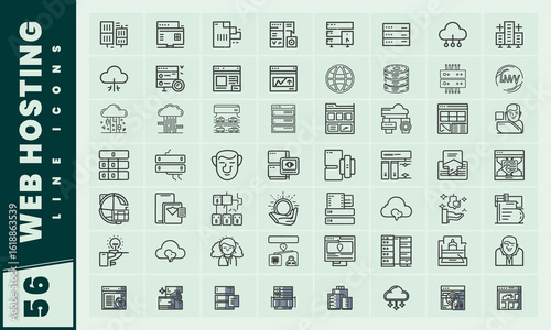 Set of web hosting line icons for server and data