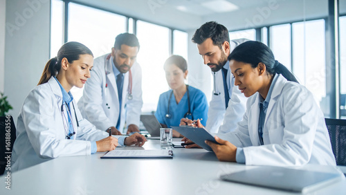 Team of doctors in the hospital working on documents, 300 dpi, widescreen 16:9, with free space for text
