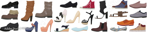 Casual different shoes set for walking men and women vector illustration. Cartoon footwear collection with boots, loafers, canvas sneakers with laces isolated on white. Accessories, fashion concept
