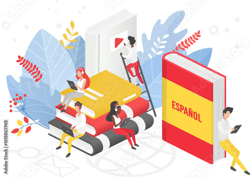 People studying Spanish with books, digital devices, and educational resources, representing modern language learning, online courses, and international communication vector illustration