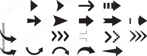 Collection of black arrow icons pointing in various directions isolated on white background