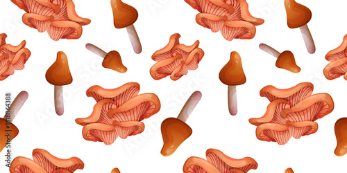 Cute autumn-themed pattern with various mushrooms in vector style. Seamless background illustration featuring chanterelles and tall mushrooms.
