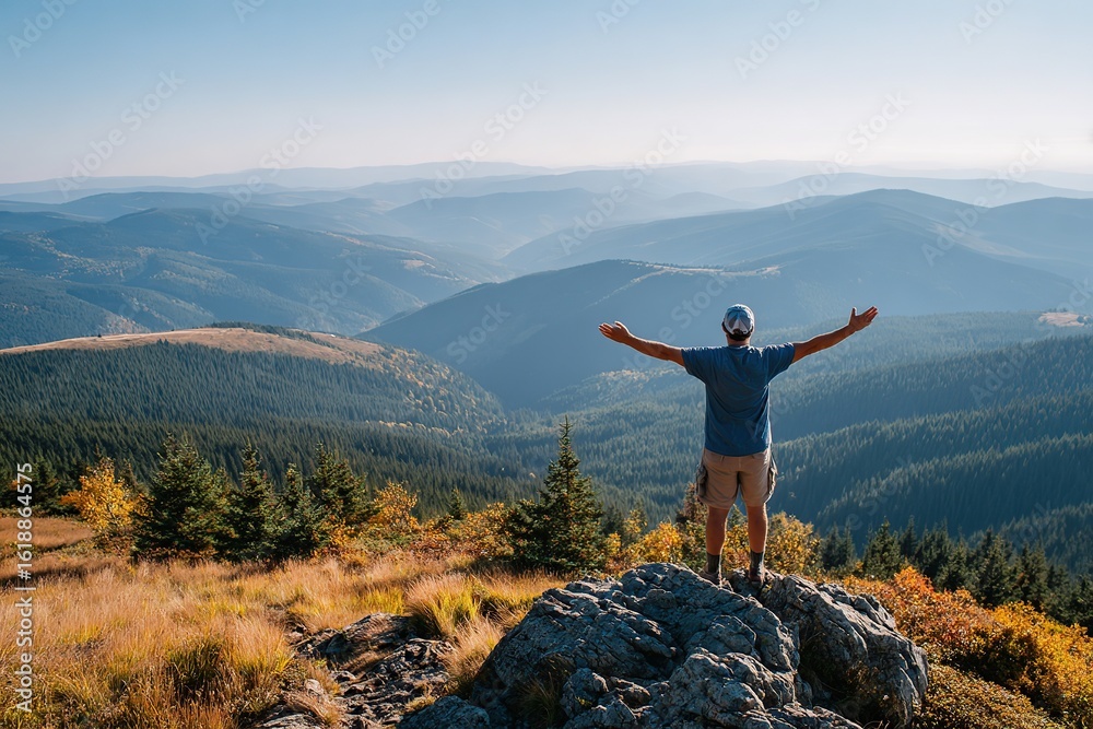 Obraz premium Standing on a mountaintop, a person enjoys fresh air and breathtaking views in nature's embrace