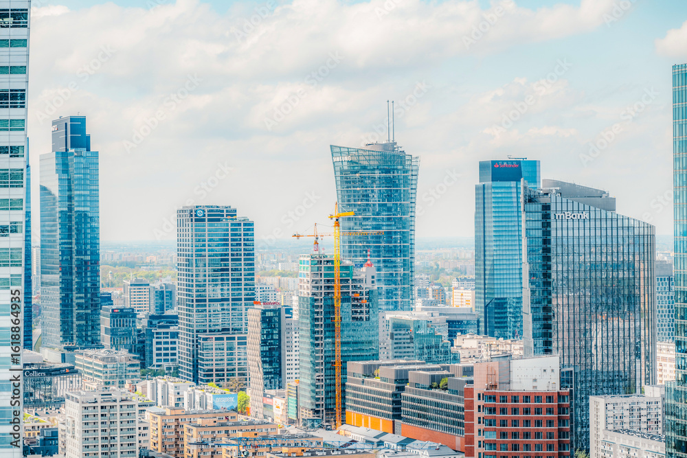 Fototapeta premium Panoramic view of modern skyscrapers and business centers in Warsaw. View from Palace of Culture and Science in Warsaw, Poland.