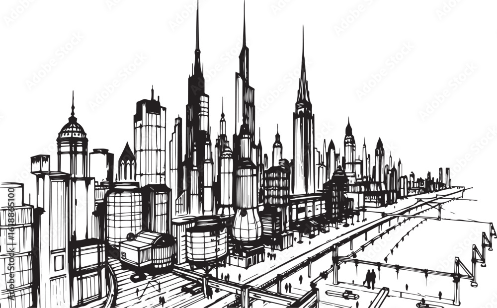 Fototapeta premium City landscape. Different buildings on street, outline cityscape hand sketch, flat houses. Hand drawn vector illustration