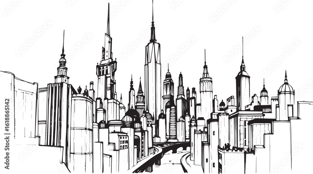 Fototapeta premium City landscape. Different buildings on street, outline cityscape hand sketch, flat houses. Hand drawn vector illustration