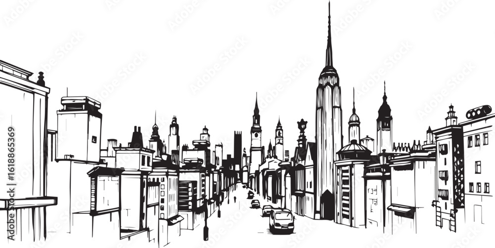 Fototapeta premium City landscape. Different buildings on street, outline cityscape hand sketch, flat houses. Hand drawn vector illustration