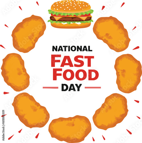 National fast food day illustration with burger and chicken nuggets, isolated on white background