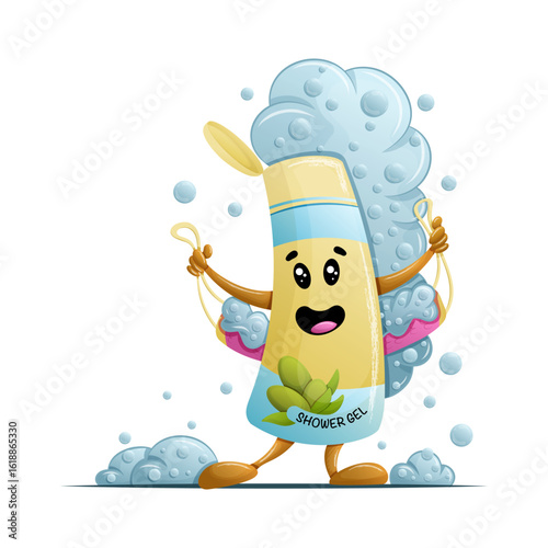 Cute Cartoon Shower Gel Bottle with Bubbles – Vector Illustration