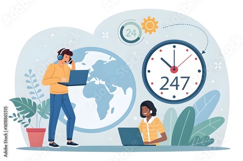 Illustration of a customer support representative wearing a headset, working at a desk with a laptop, coffee cup, and cactus. Clocks and gears in background. Vector illustration