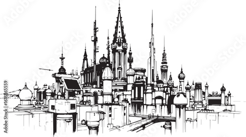 City landscape. Different buildings on street, outline cityscape hand sketch, flat houses. Hand drawn vector illustration