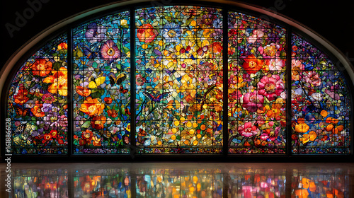Vibrant floral stained glass window with butterflies colorful