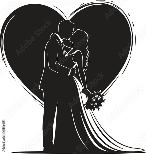 Silhouette of a bride and groom kissing in front of a heart, isolated on white background