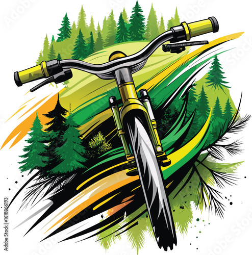 Yellow bicycle handlebars and front wheel in a forest landscape mountain bike