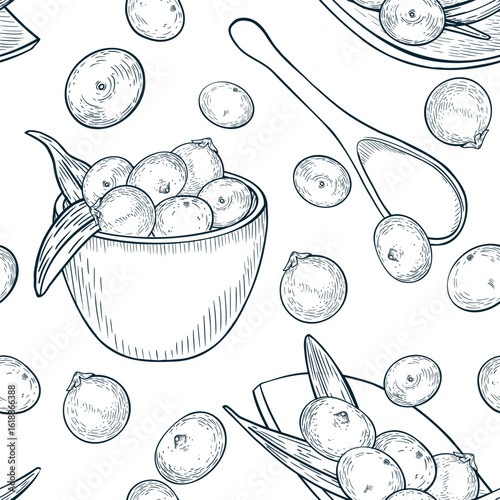 Hand drawn black white vector seamless pattern of acai berry bowls, wooden spoon and palm leaves. Monochrome superfood and kitchen utensils on repeated background for packaging health food, textiles.