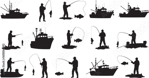 Fishing boat and fisherman silhouettes isolated on transparent background