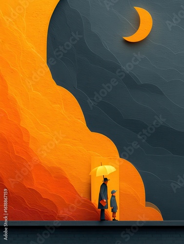 Two figures under a glowing umbrella against a fiery sky
