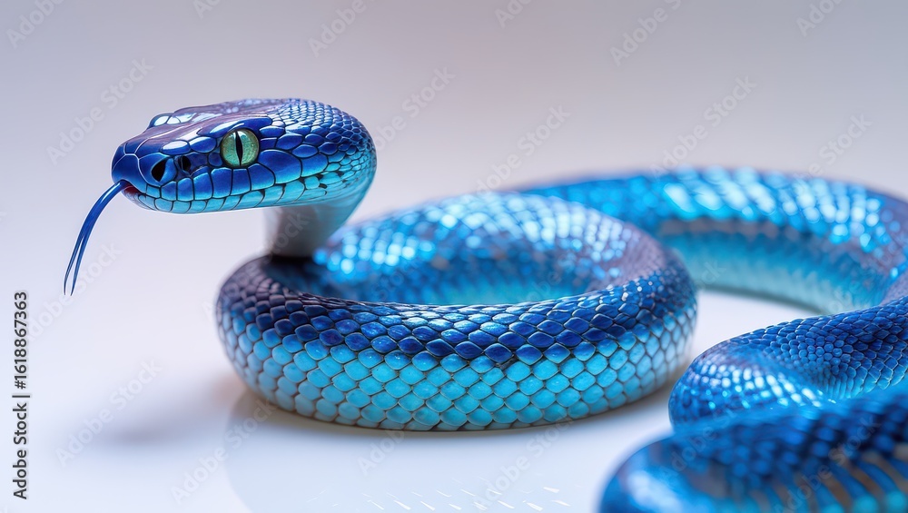 Obraz premium A coiled blue snake with its tongue out on a white reflective surface