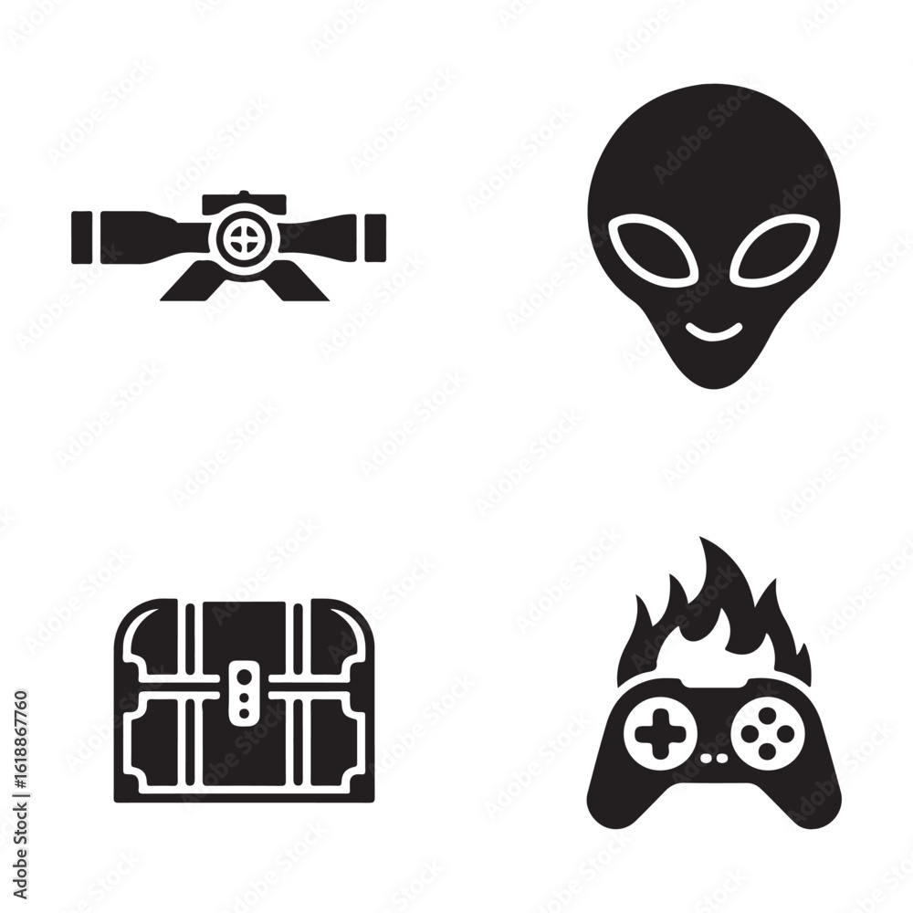 Fototapeta premium A collage of gaming elements including a scope, alien, treasure chest, and fire controller