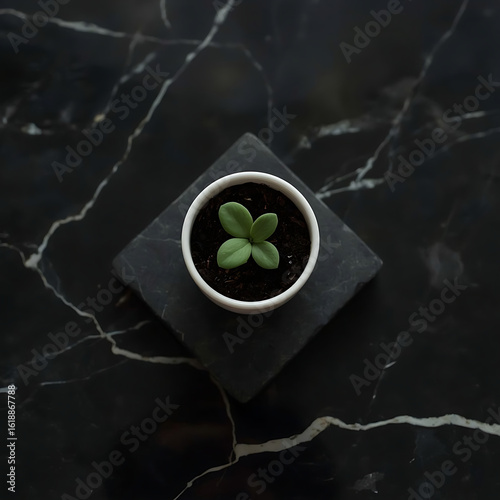 A white ceramic pot with a young green plant in dark soil is placed on a black stone coaster, enhancing its minimalist and modern aesthetic with soft lighting.