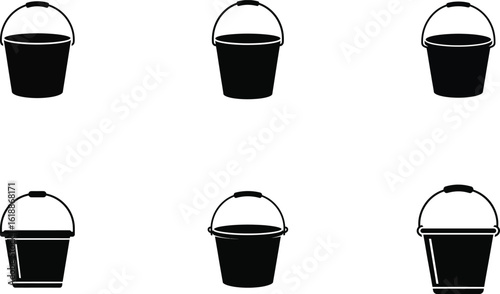 Bucket Icon Set – Black Utility Container Silhouette Vector Collection