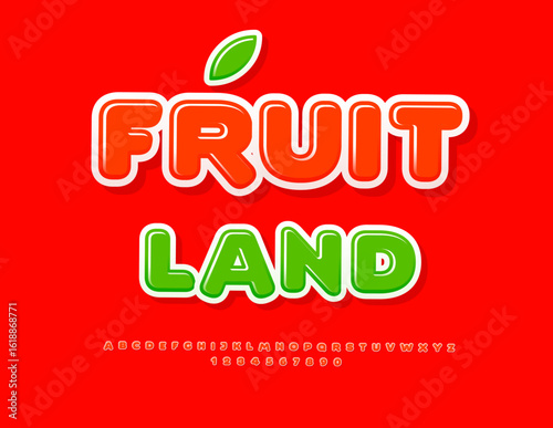 Vector Artistic badge Fruit Land. Glossy Green Font. Bright Round Alphabet Letters and Numbers set