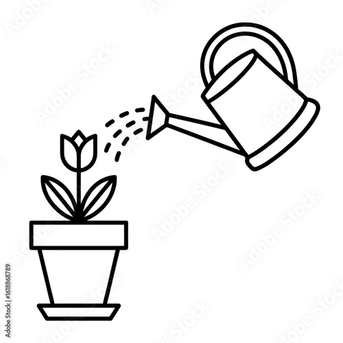 Simple line art illustration of a watering can tending to a potted flower plant cultivating growth and botanical care