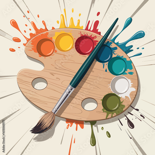 Colorful Artists Palette with Paint and Brush a Vibrant Artistic Expression Detailed Illustration