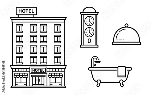 Hotel building icon set with a clock food platter and bathtub representing hospitality service and relaxation for travel designs and tourist industry purposes