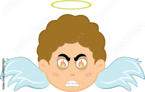 vector illustration face angel character cartoon, with a furious expression and fire flame in his eyes